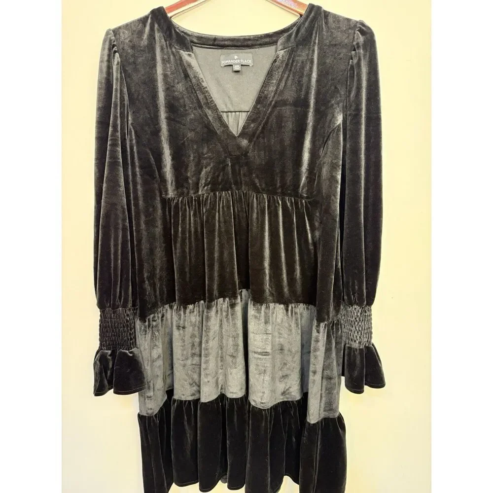 Pomander Place Tuckernuck Velvet Tiered Dress 3x Black Date Night Holiday Party - Picture 1 of 7